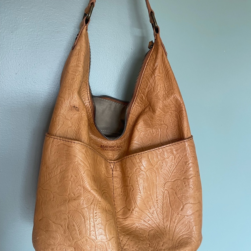 American Leather Tan Tooled Leather Hobo Bag - Sculpted Floral Detail